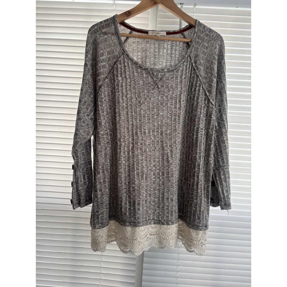 Rewind Lightweight Lace Trimmed Sweater Size‎ 2x Taupe Long Sleeve Ribbed